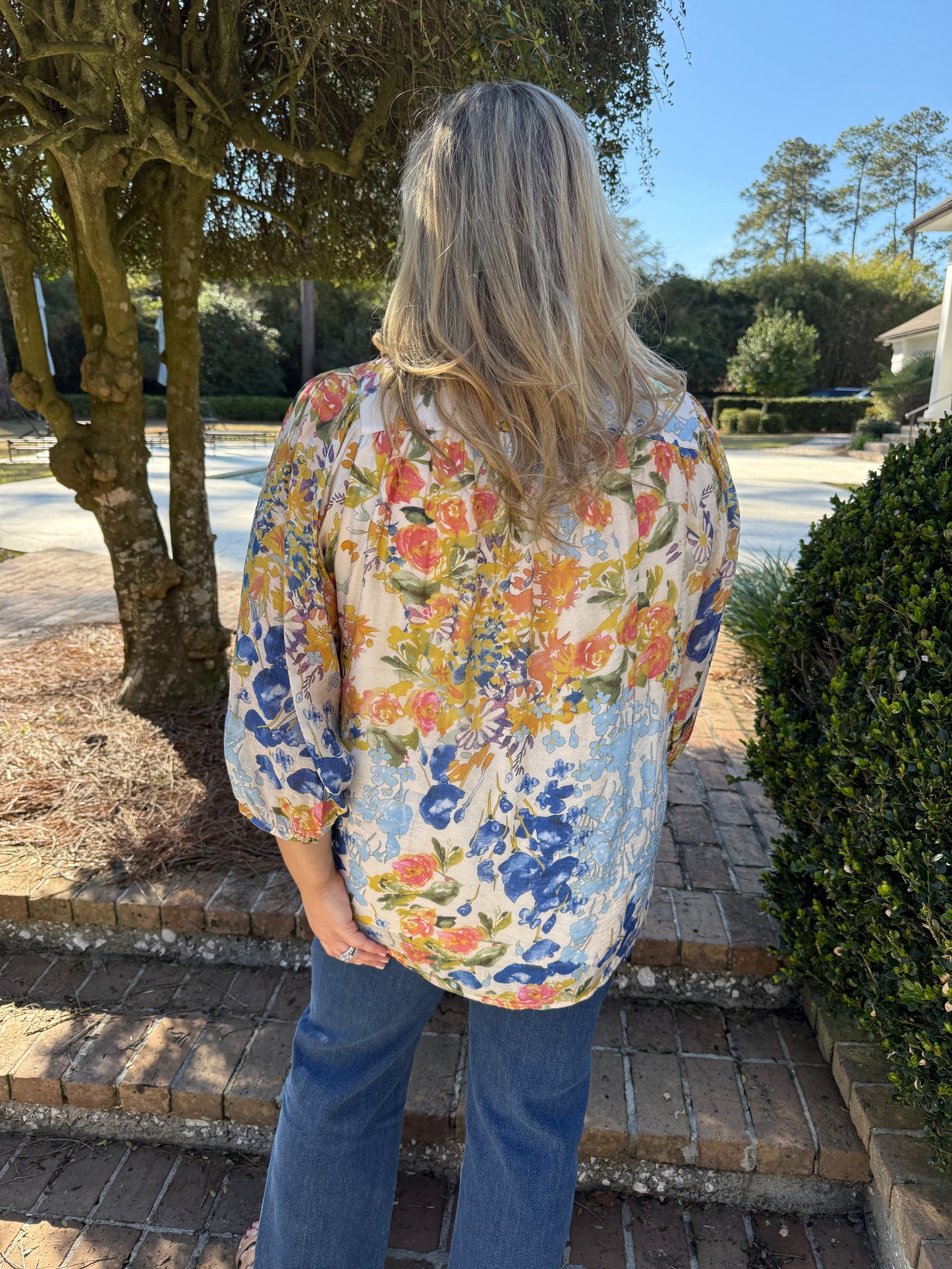 Spring Blue Floral Chiffon Print Top