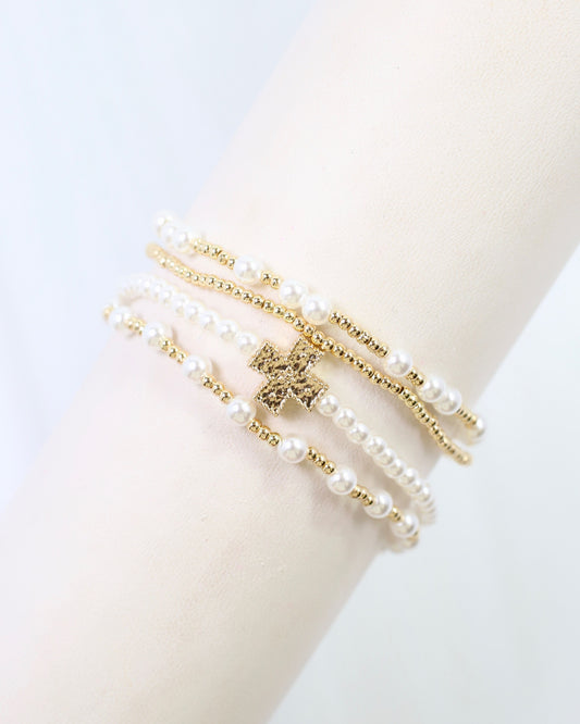 Ada Pearl Cross Bracelet Set Gold
