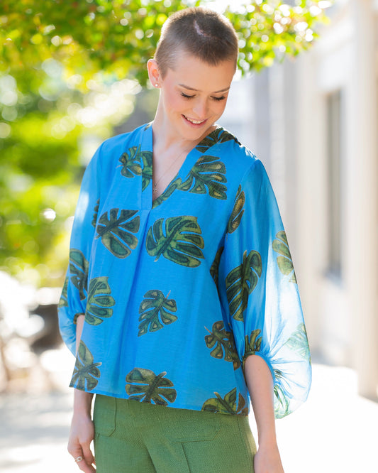 Lainey Leaf Print Top-Sky