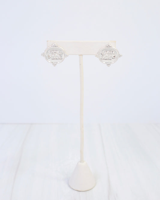 Ilion Elephant Embossed Post Earring Worn Silver