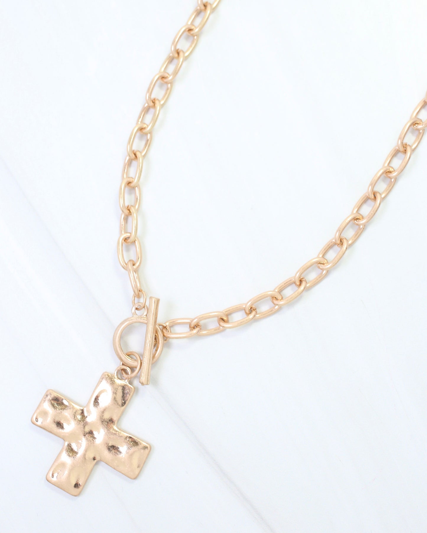 Cassie Hammered Cross Toggle Necklace Worn Gold