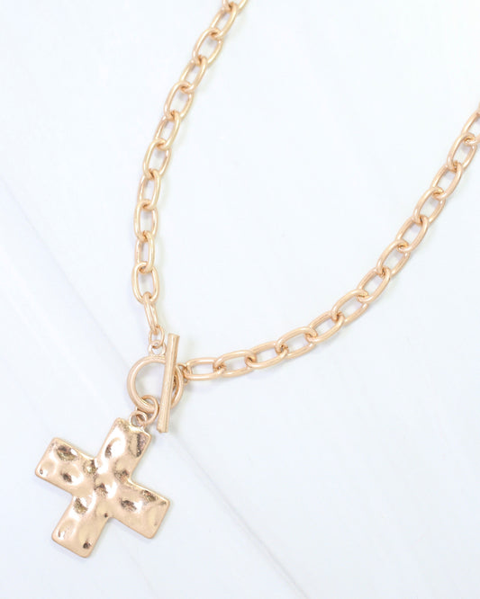 Cassie Hammered Cross Toggle Necklace Worn Gold