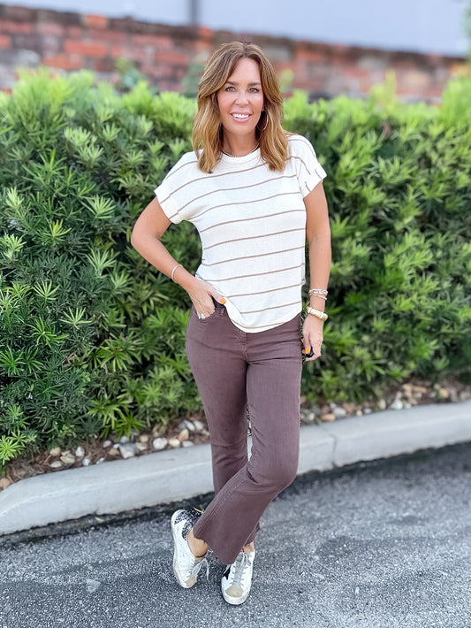 Anders Short Sleeve Striped Top- Cream