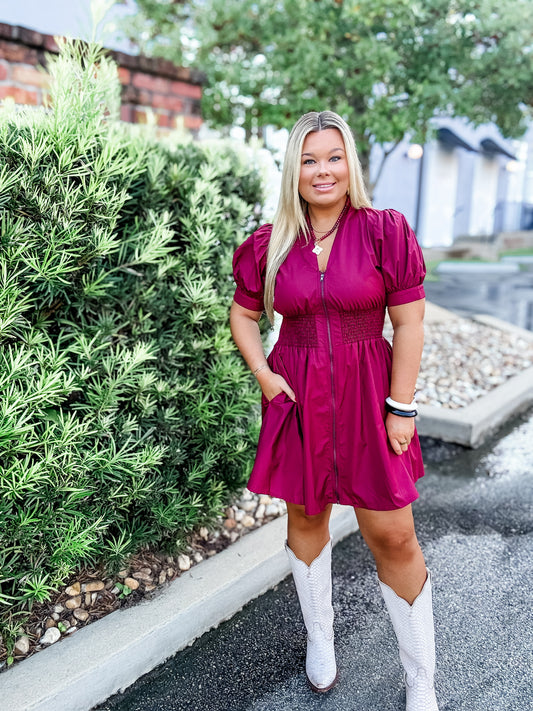 Beckwith V-Neck Zip Dress- Garnet
