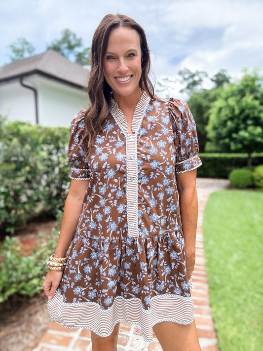 Weston Floral Button Up Dress-Brown