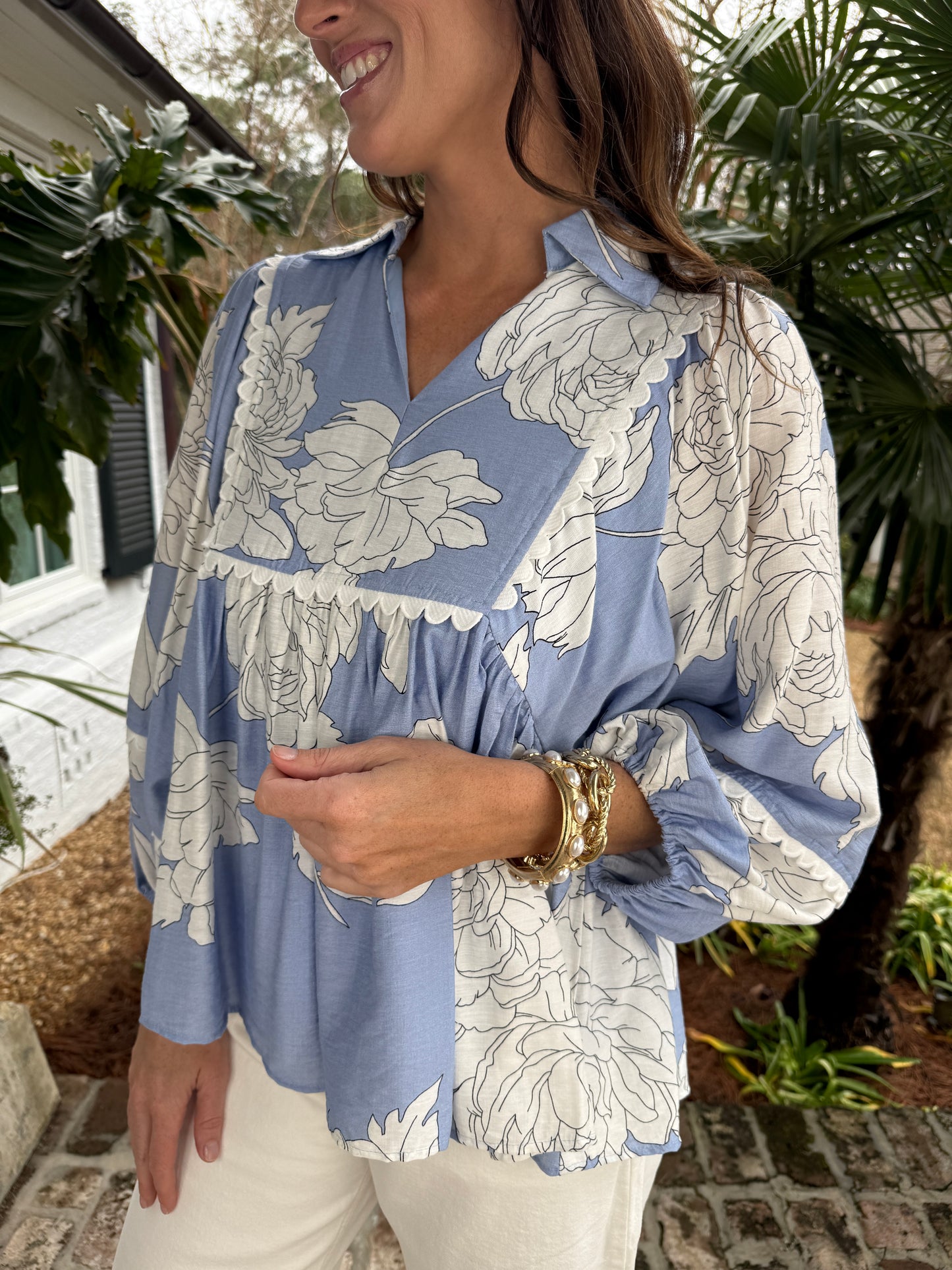 Charming Cornflower Blue Floral Print Top