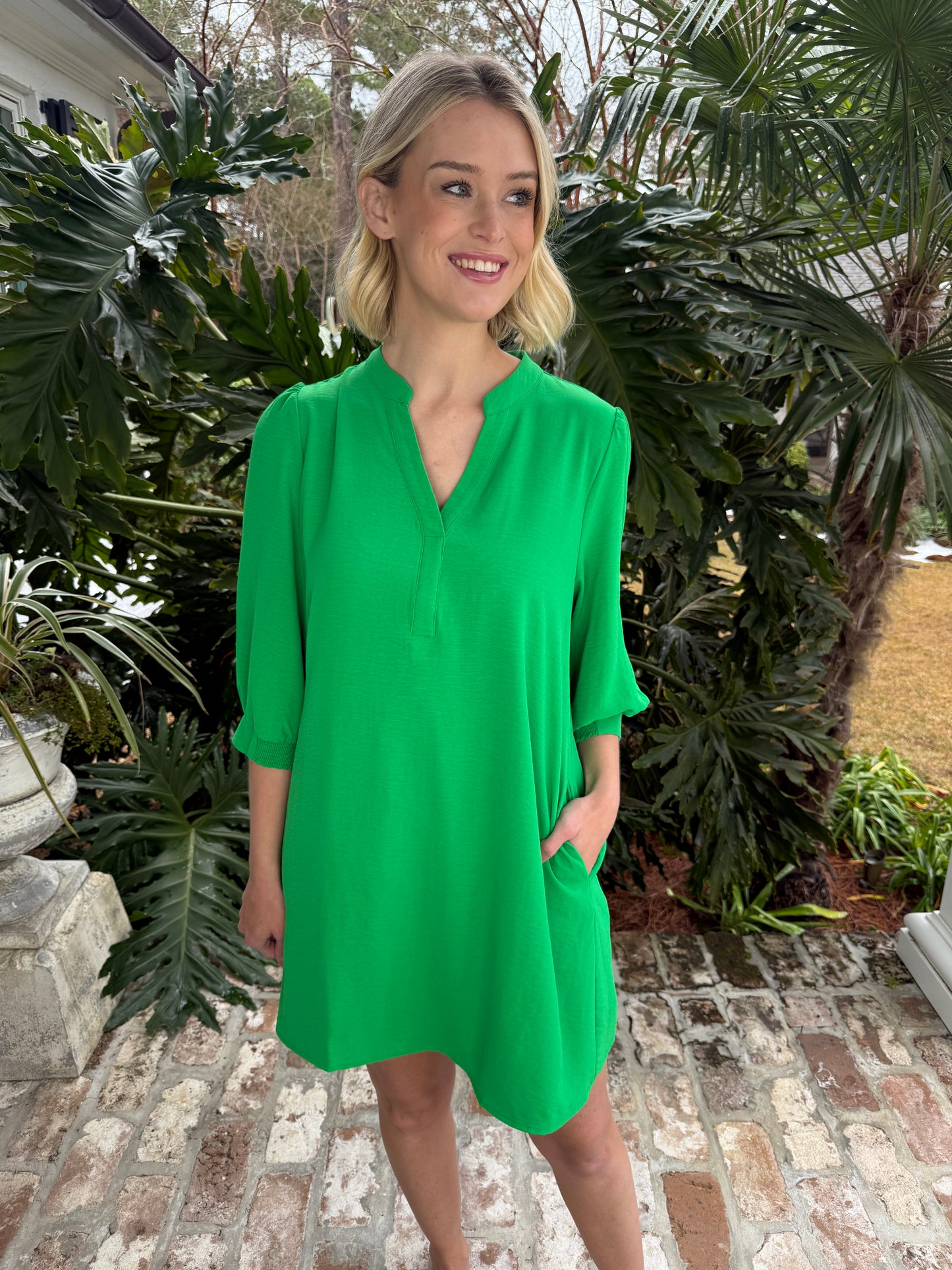 Cheerful Cobalt Green Peasant Sleeve Dress