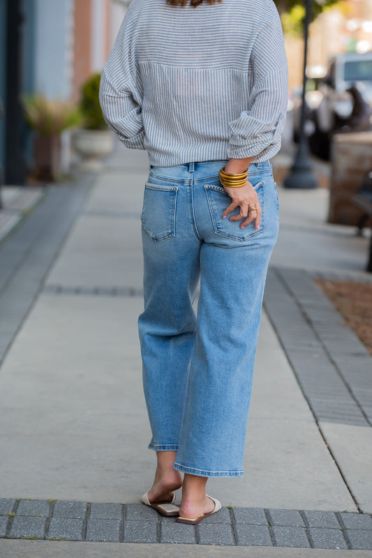 High Rise Crop Wide Jeans W/ Embroidered Detail