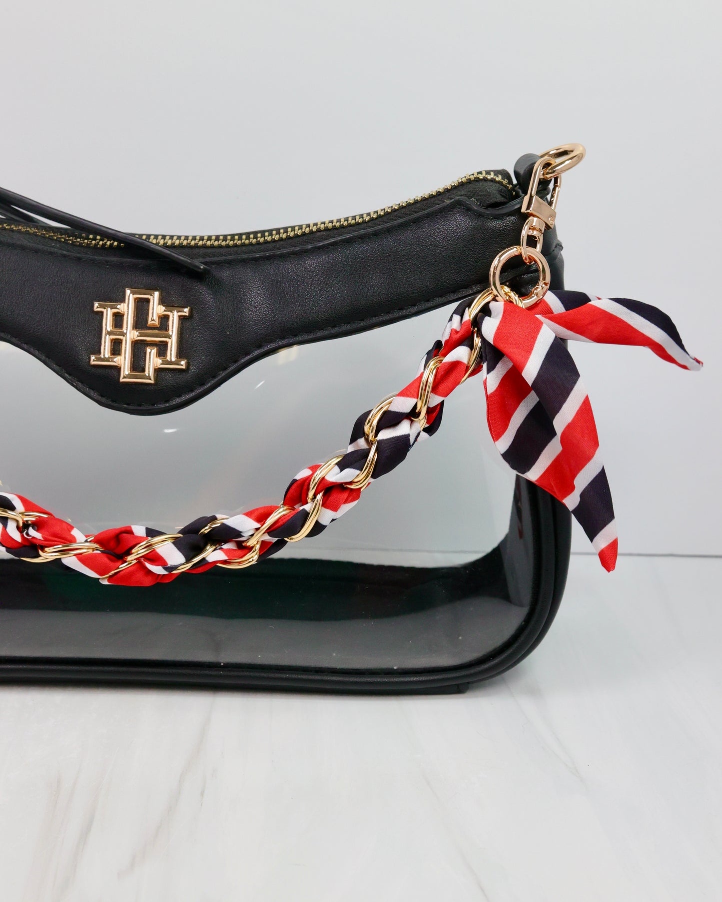 Serafina Scarf Purse Chain Bk Rd Stripe