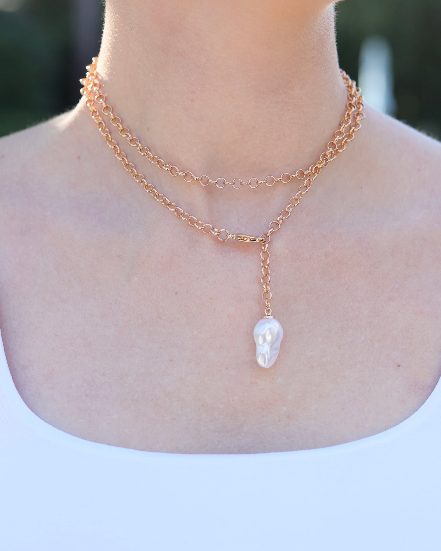 Harrodsburg Long Link Necklace with Pearl Gold