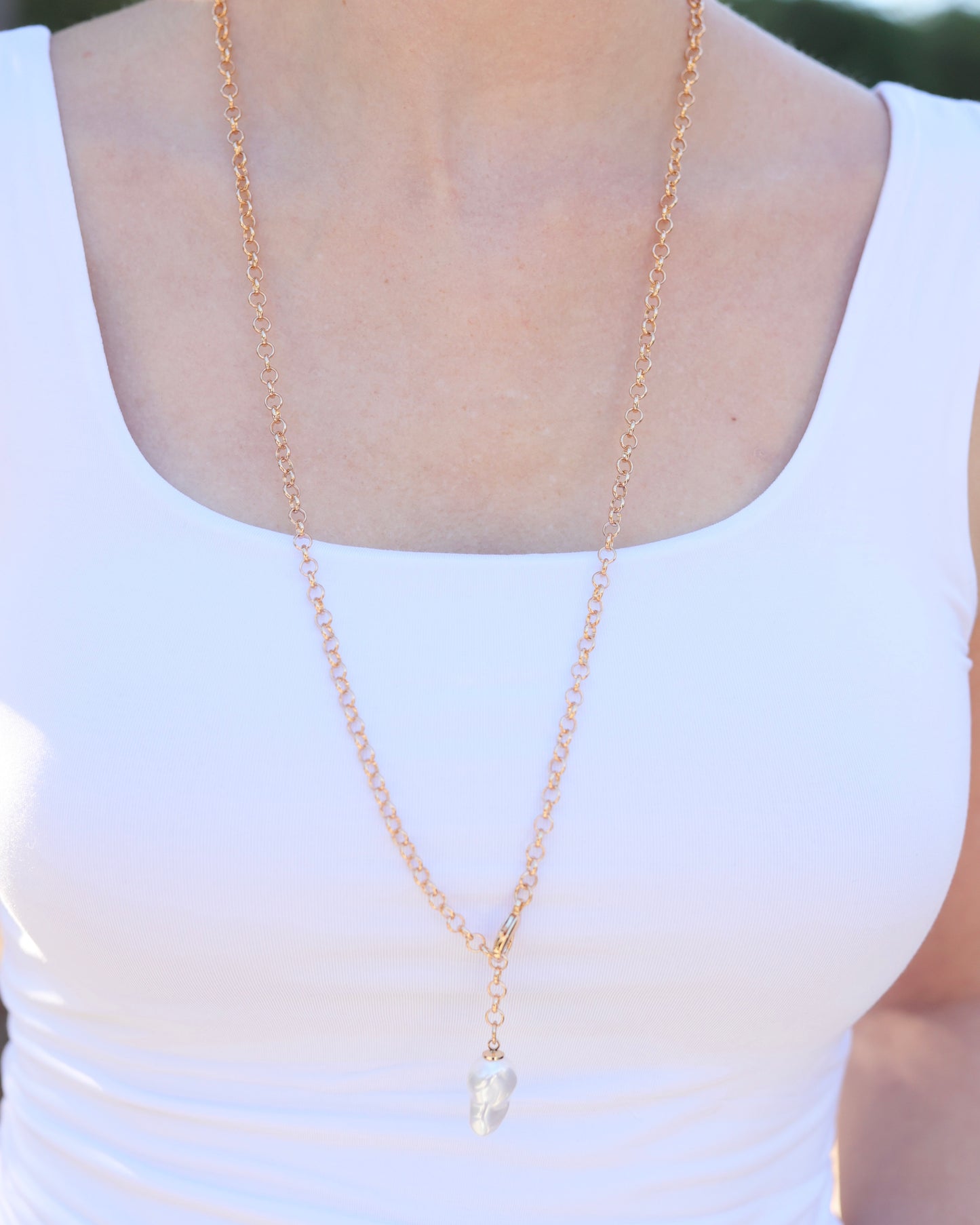 Harrodsburg Long Link Necklace with Pearl Gold