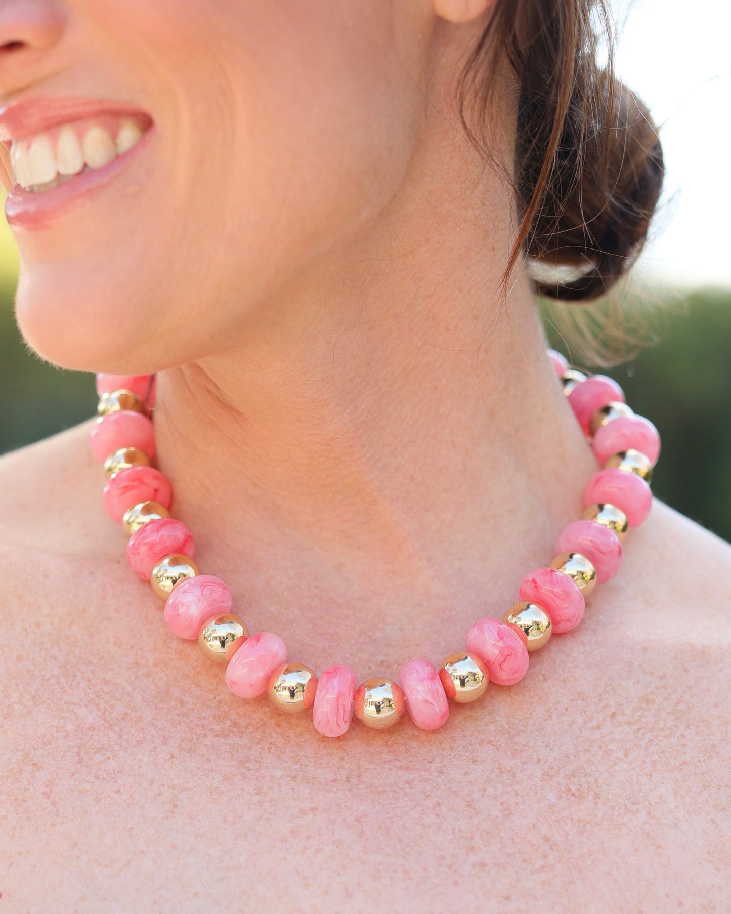 Staten Island Marble and Gold Beaded Necklace Pink