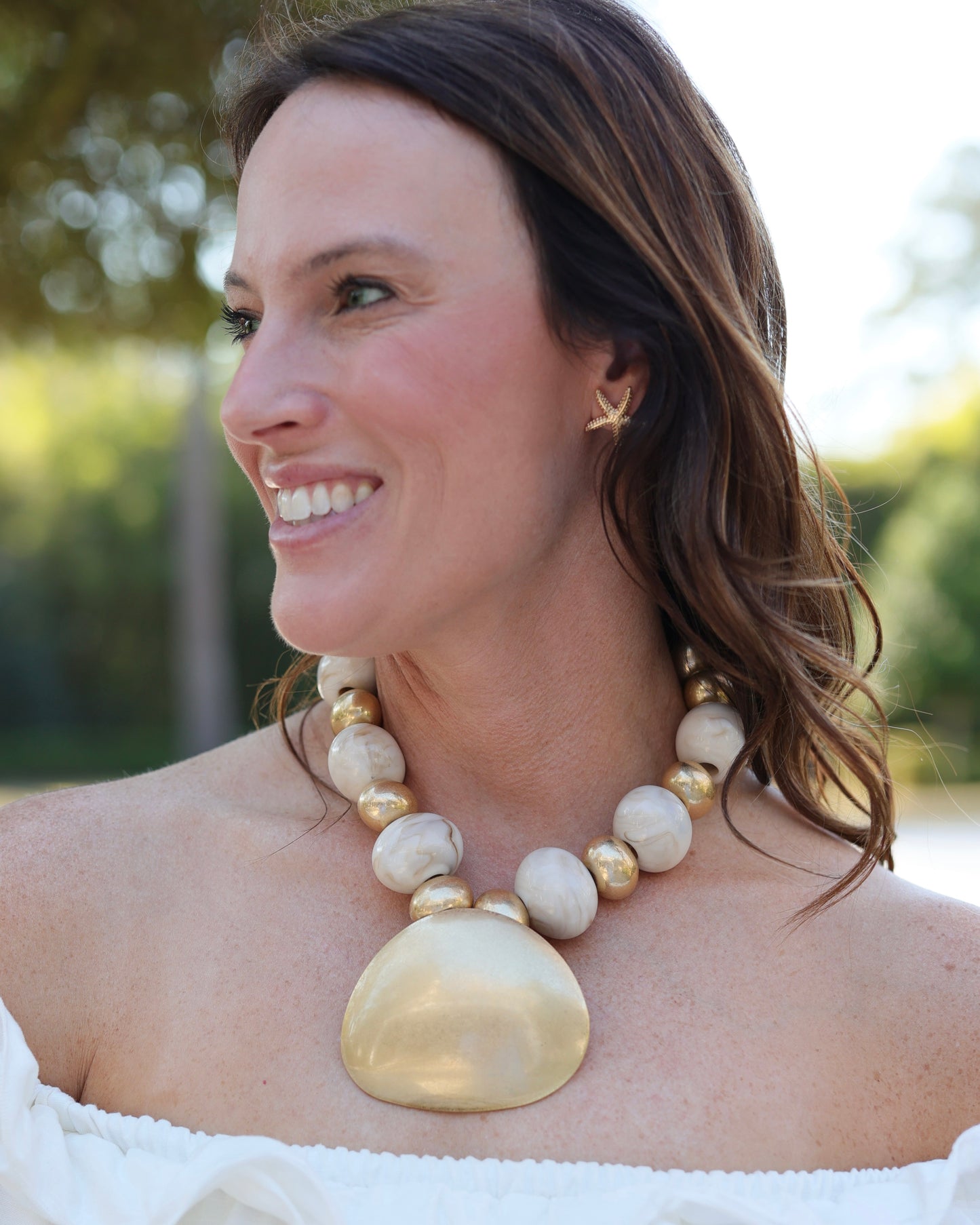 Roseburg Marble Statement Necklace with Pendant Worn Gold