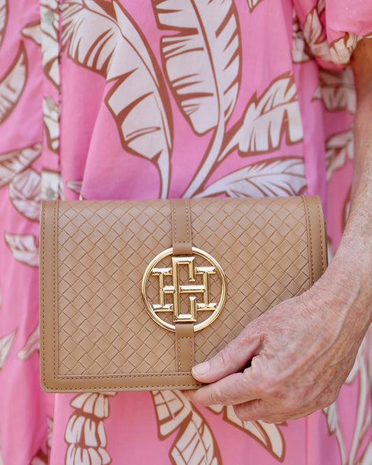 Cecilia Circle Logo Handbag Woven Tan