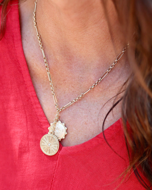 Charles Compass Coin Charm Necklace Worn Gold