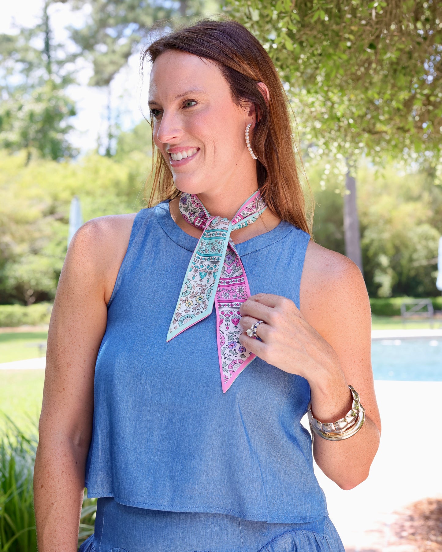Eliza Reversible Flower Skinny Scarf Pink Green