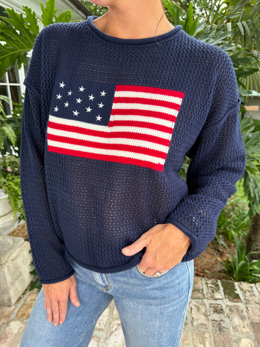 Americana Navy Blue Flag Crochet Knit Top