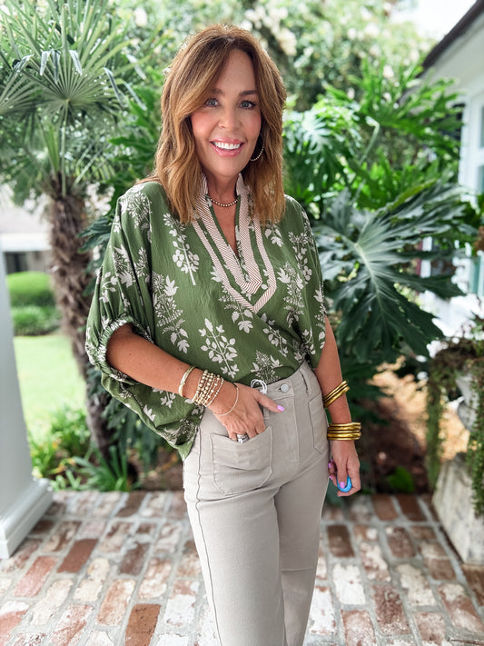 Jeanette Olive Botanical Print Top