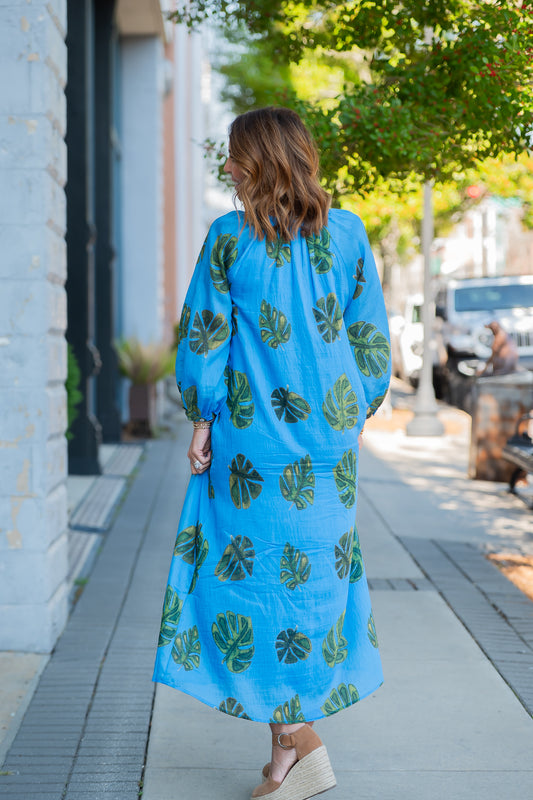 Elena Leaf Print Bubble Sleeve Dress-Sky