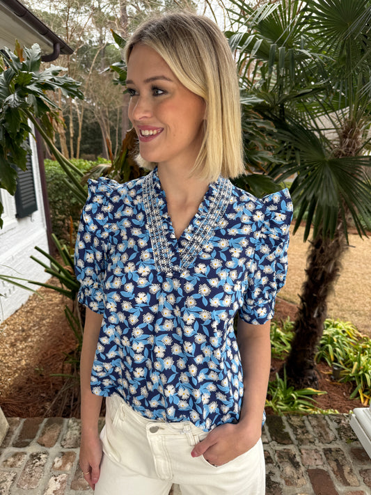 Daisy Floral Print Navy Top