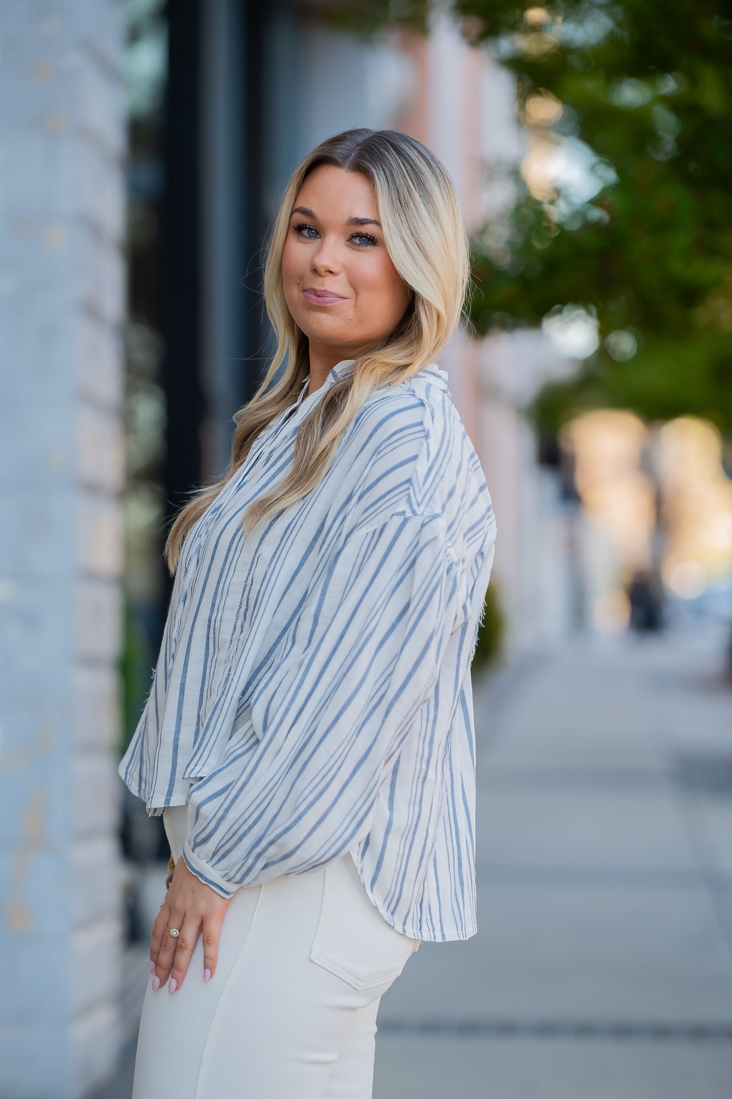 Kat Double Cloth Striped Shirt-Blue