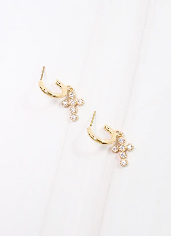 Camellia CZ Cross Hoop Earring GOLD