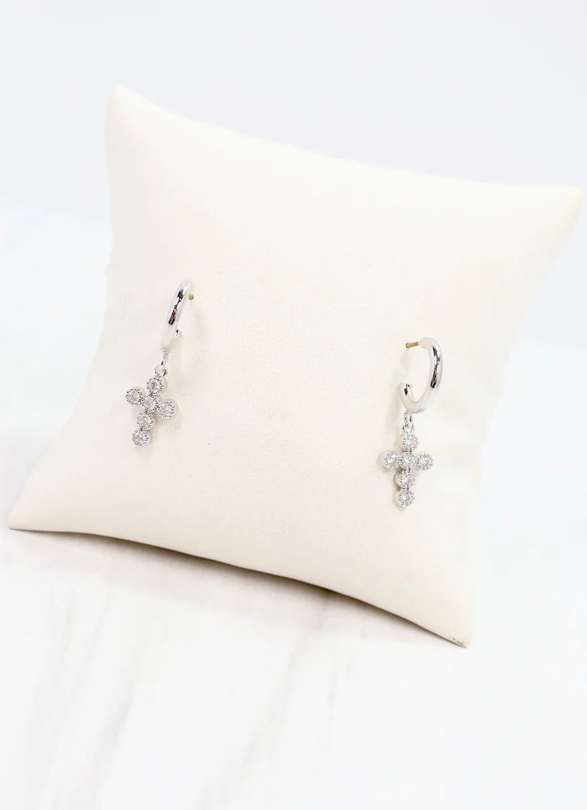 Camellia CZ Cross Hoop Earring SILVER