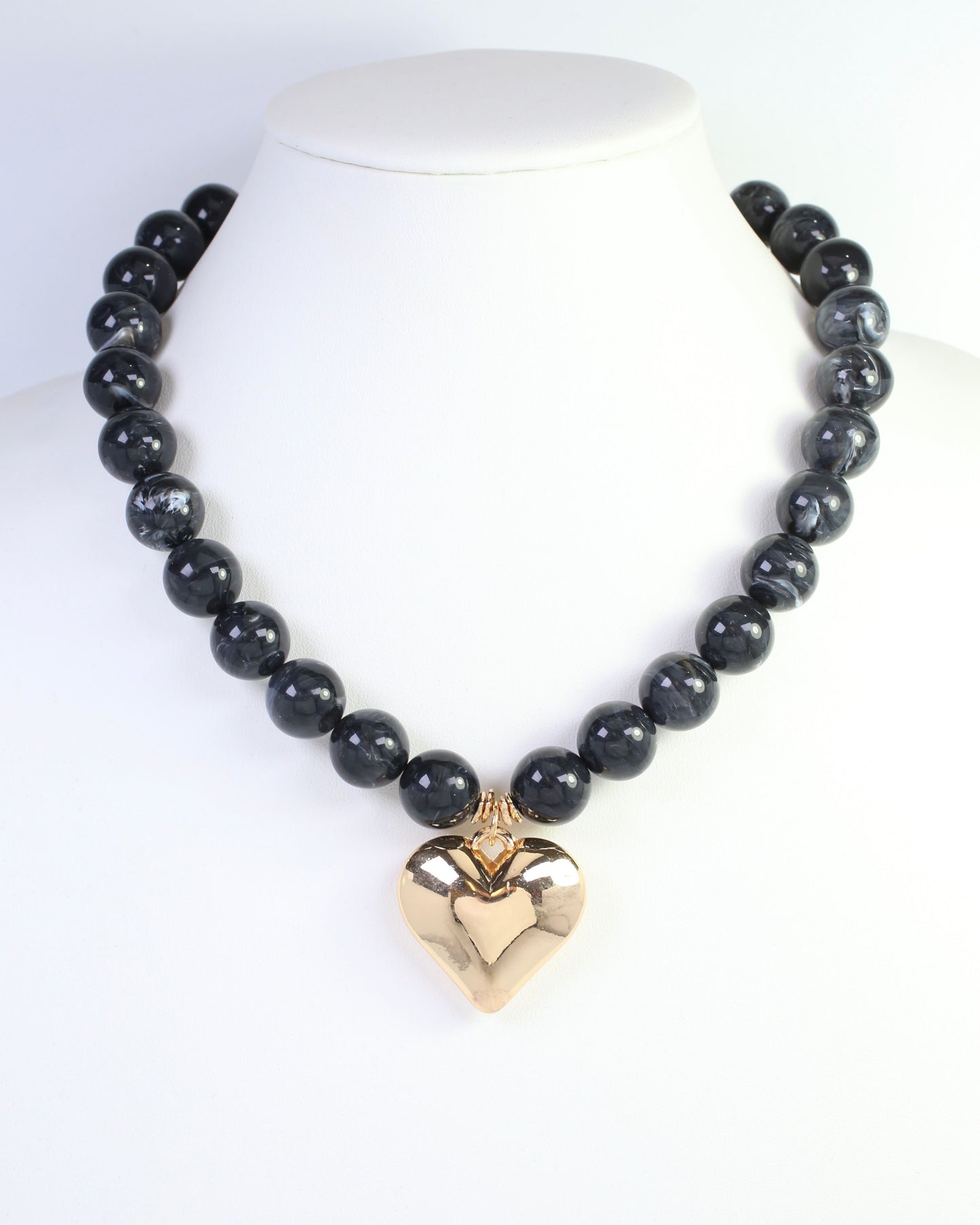 Marjorie Marble Beaded Heart Necklace Black