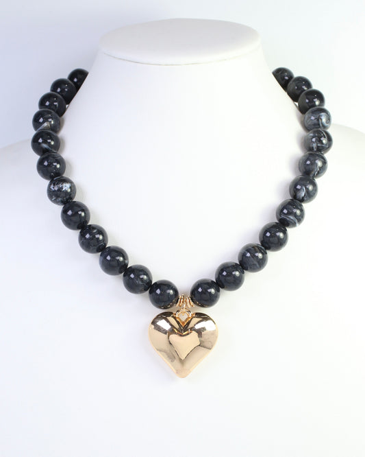 Marjorie Marble Beaded Heart Necklace Black