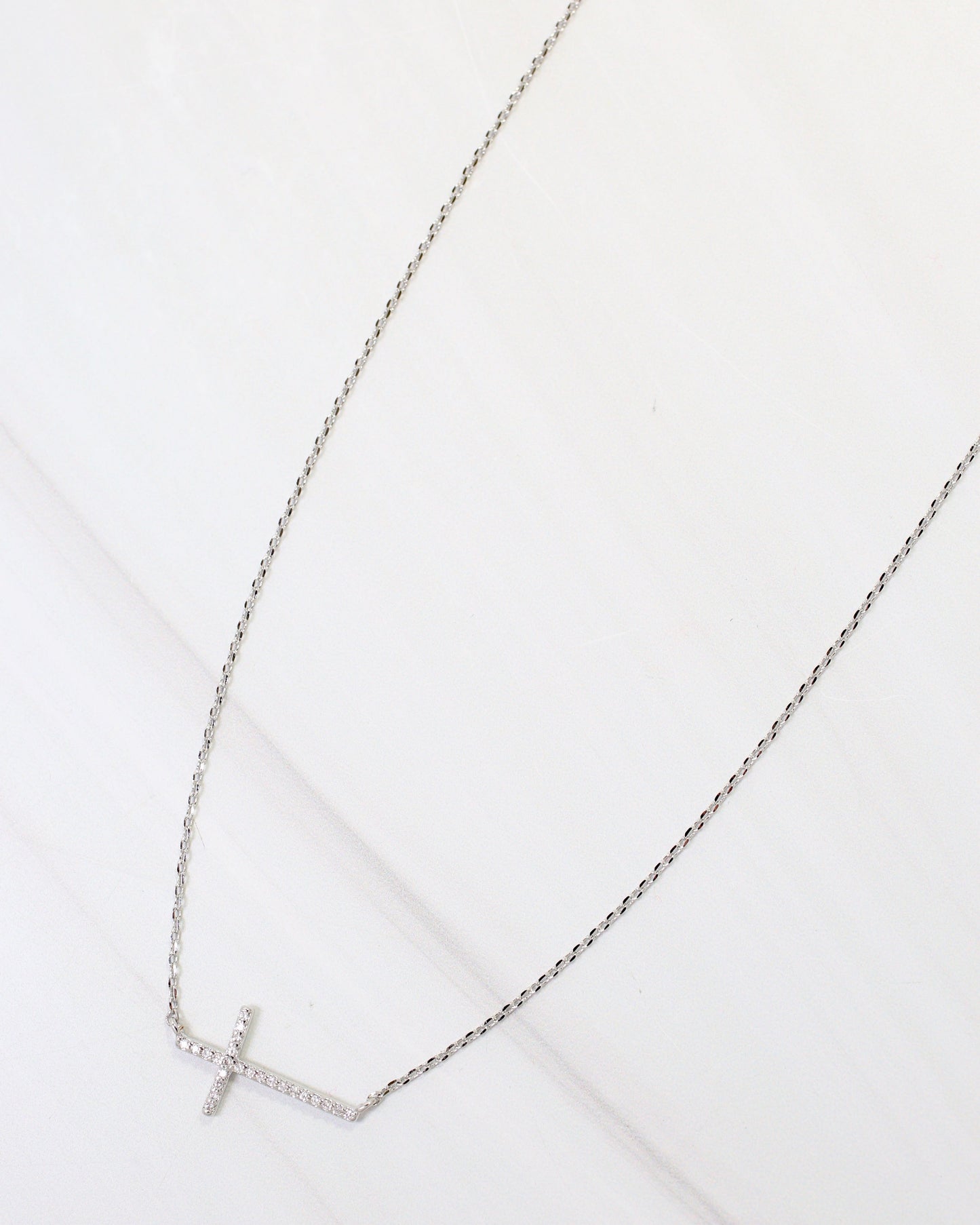 West Point CZ Side Cross Necklace Silver