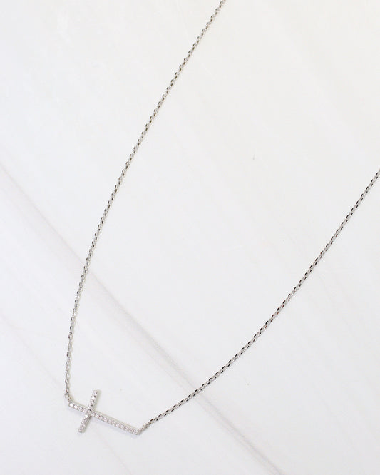 West Point CZ Side Cross Necklace Silver