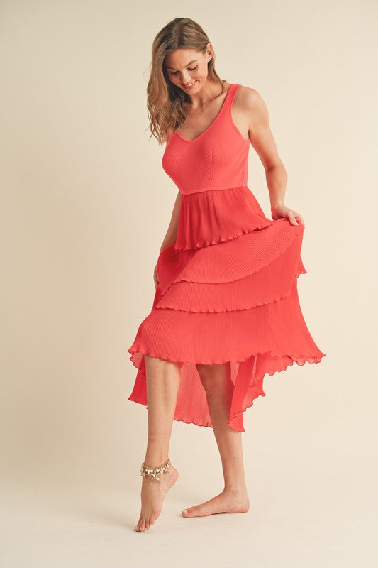 Out of Time Red Orange Pleated Midi Dress