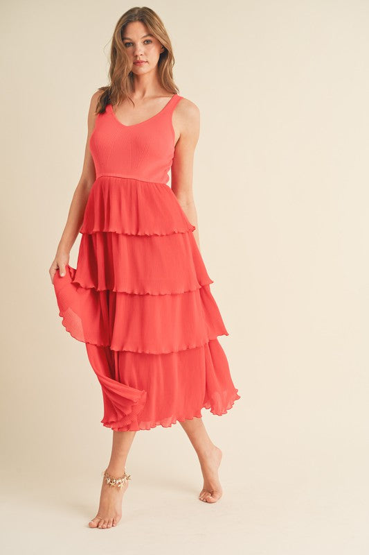 Out of Time Red Orange Pleated Midi Dress