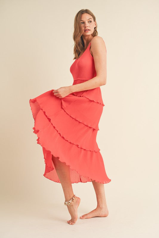 Out of Time Red Orange Pleated Midi Dress