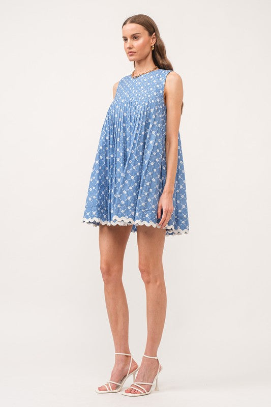 Celeste Blue Floral Pleated Dress