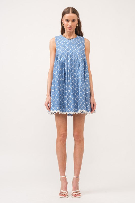 Celeste Blue Floral Pleated Dress