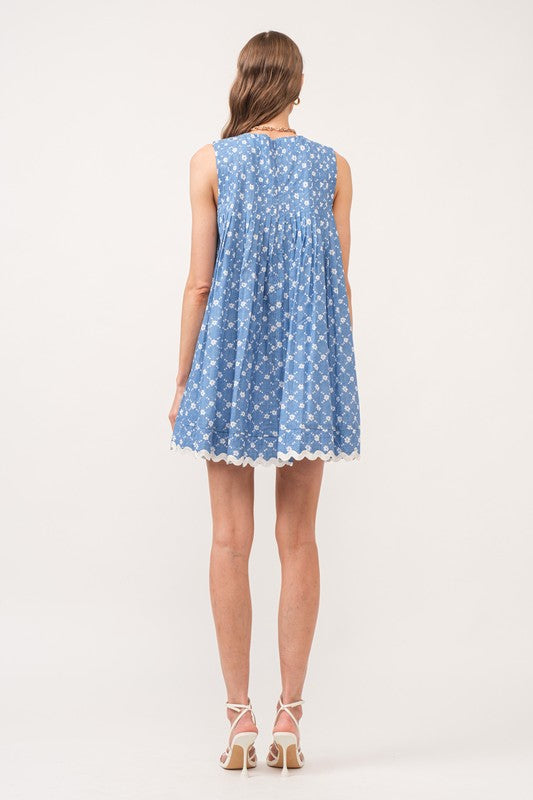 Celeste Blue Floral Pleated Dress