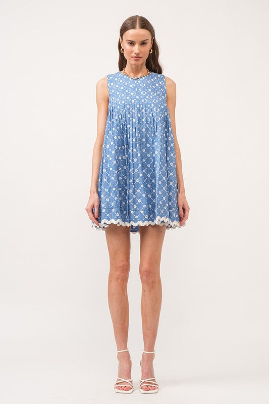 Celeste Blue Floral Pleated Dress