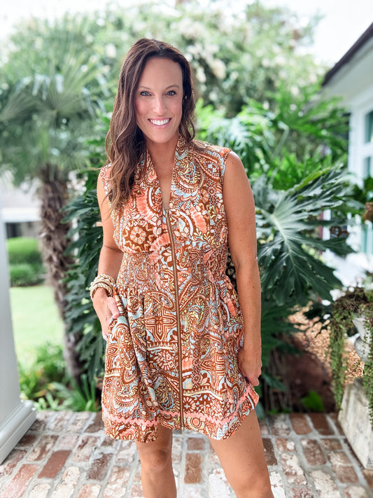 Maizey Rust Paisely Front Zip Dress