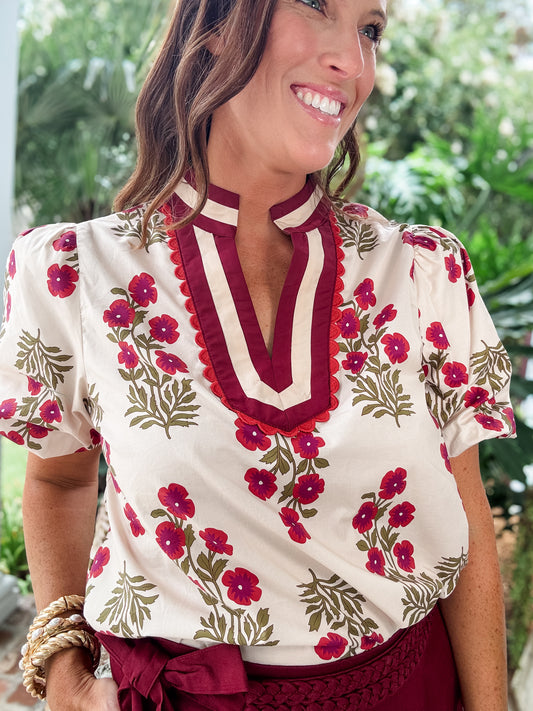 Avera Floral Print Top-Ecru