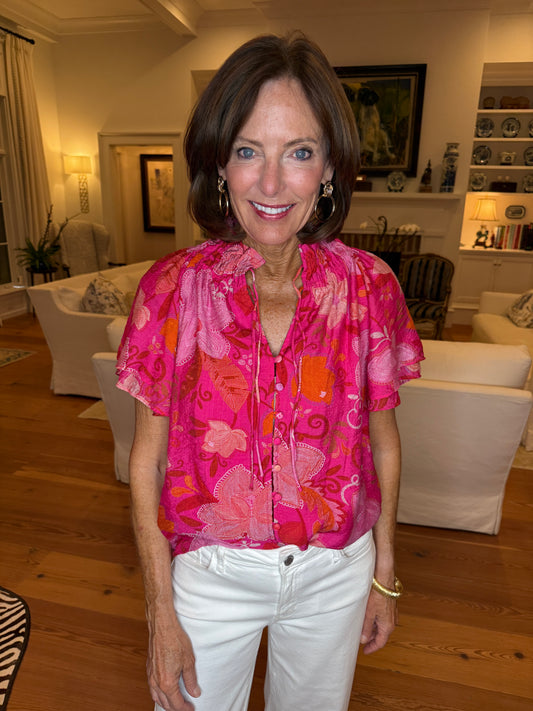 Blaine Pink Floral Print Flutter Sleeve Top