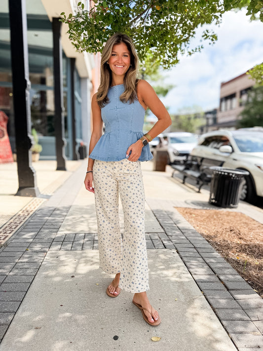 Flower Print Vintage Straight Denim