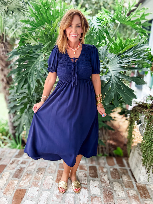 Pretty Girl Navy Front Tie Midi Dress