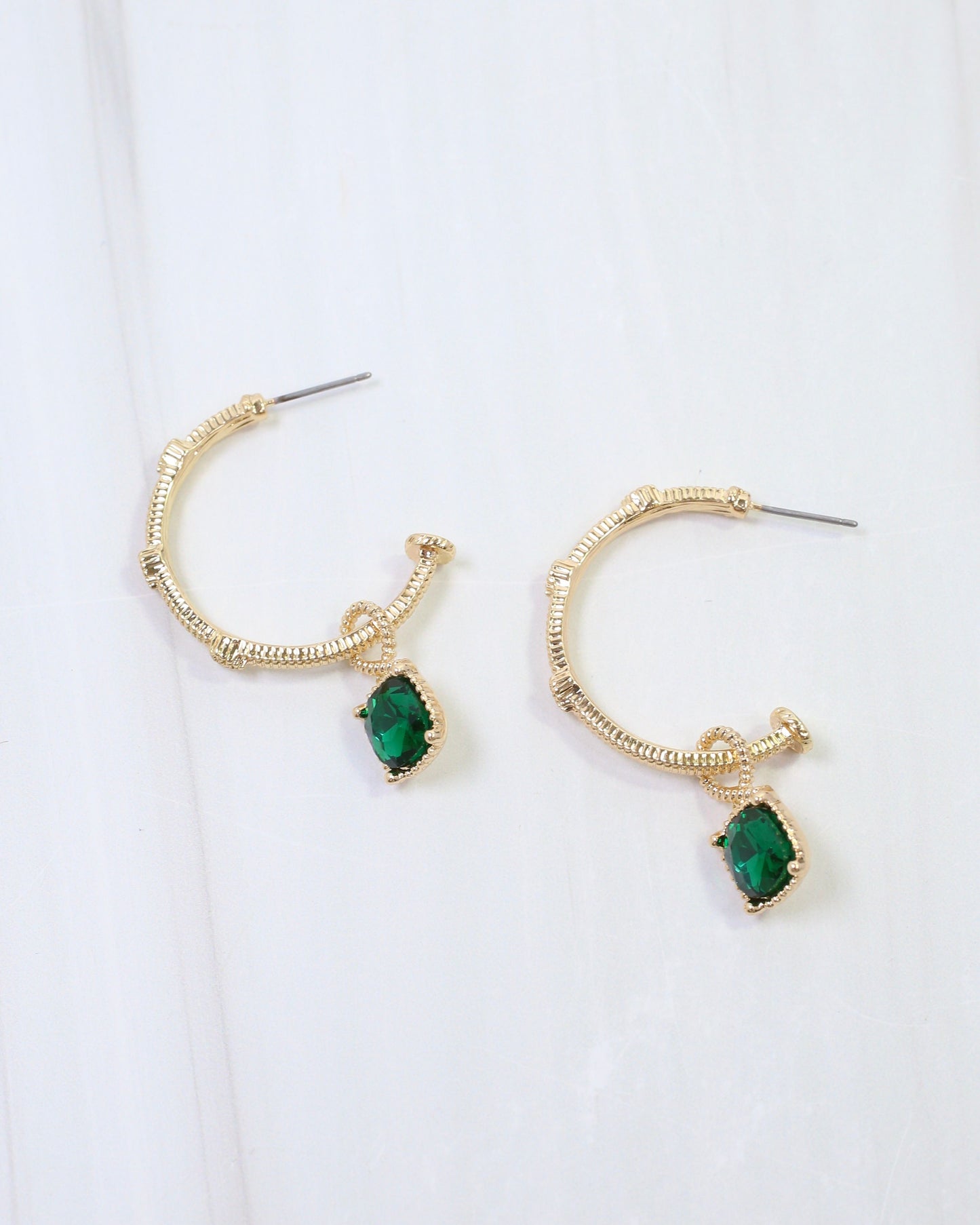 Anika Textured Large Hoop With Dangle Emerald