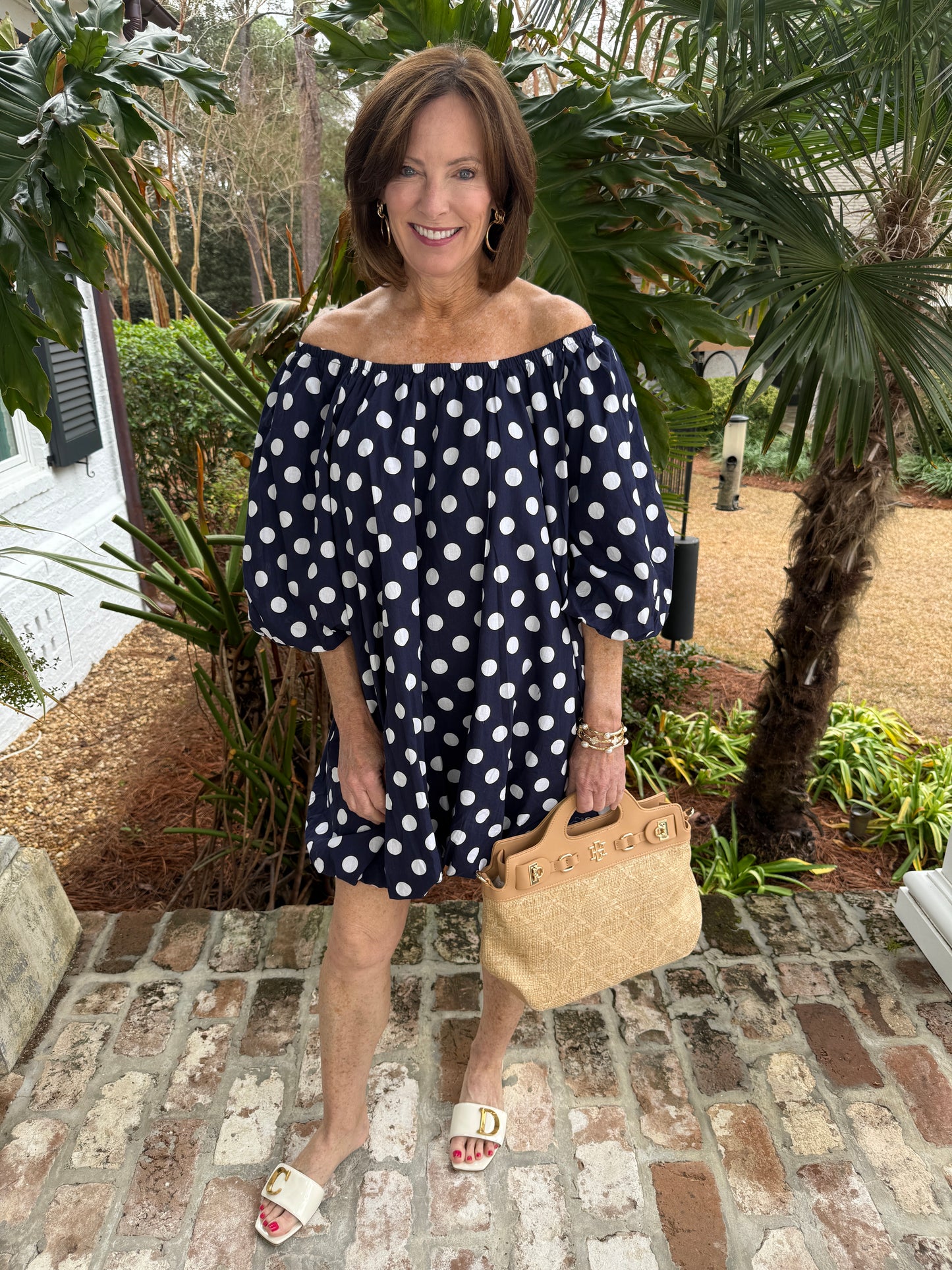 Voluminous Navy Polka Dot Print Dress