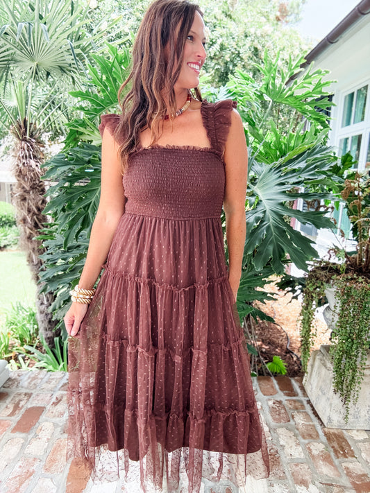 Rowan Dotted Midi Dress- Brown