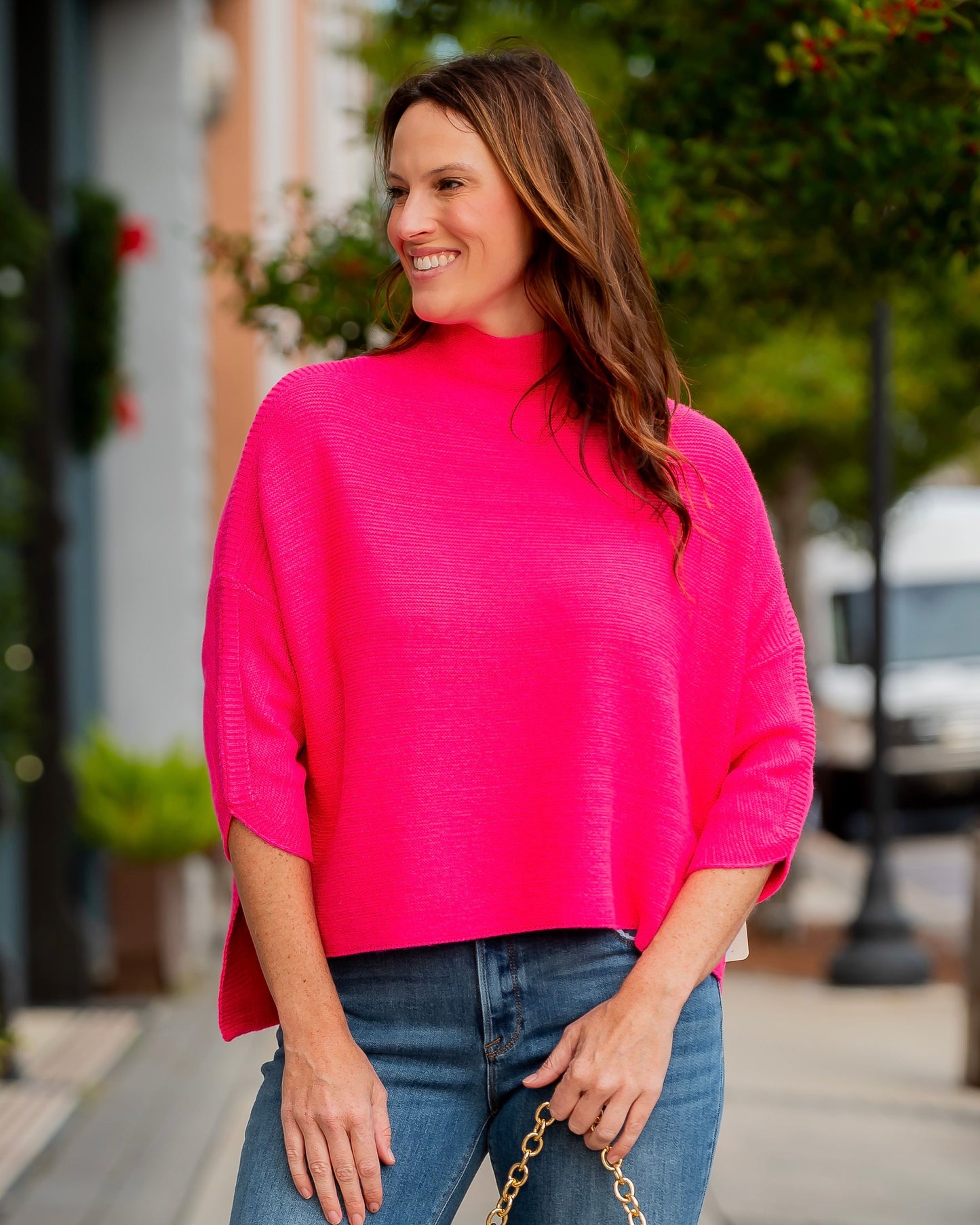 Boho Mock Neck Sweater - Pink Crush