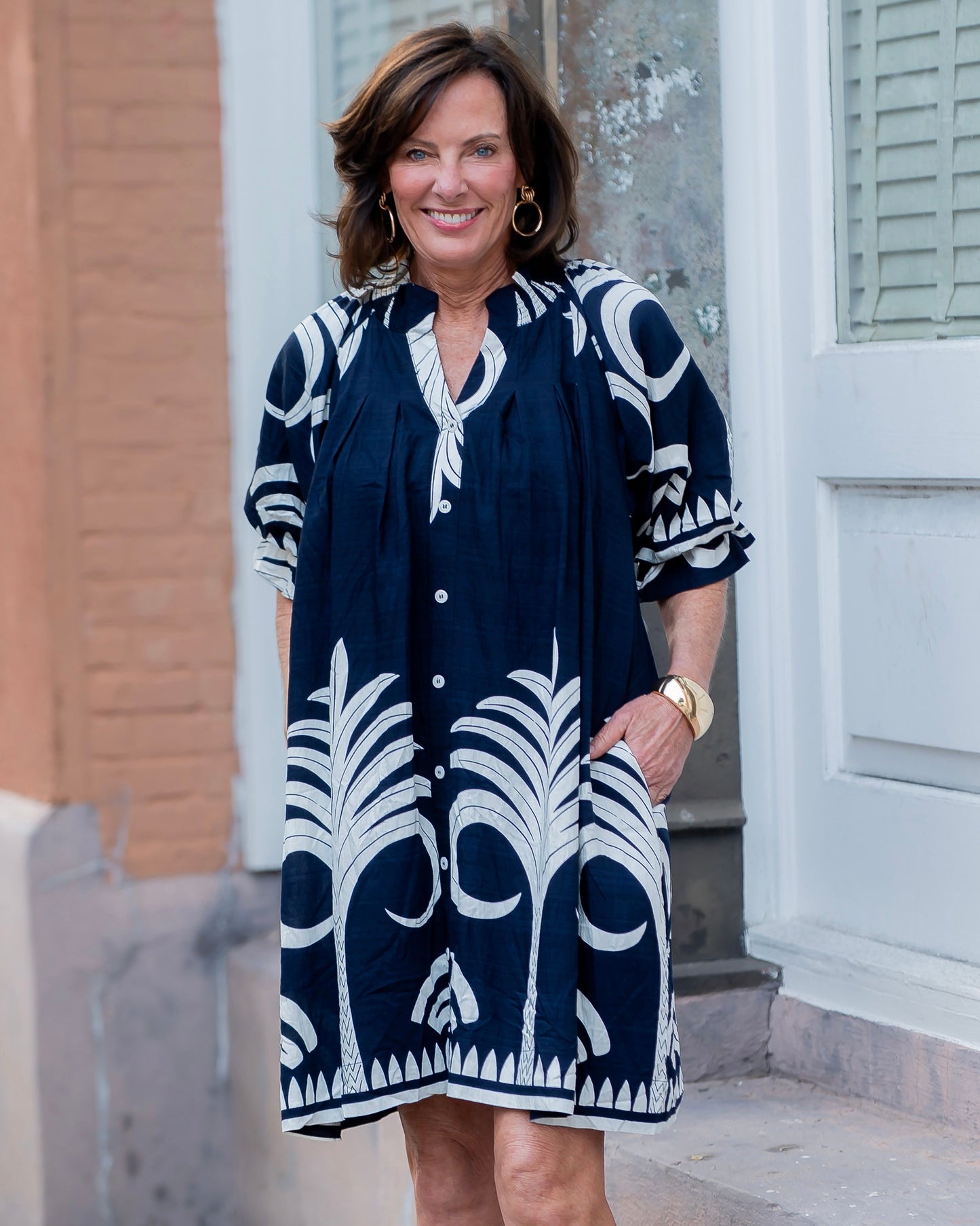 Moxie Palm Print Button Down Dress