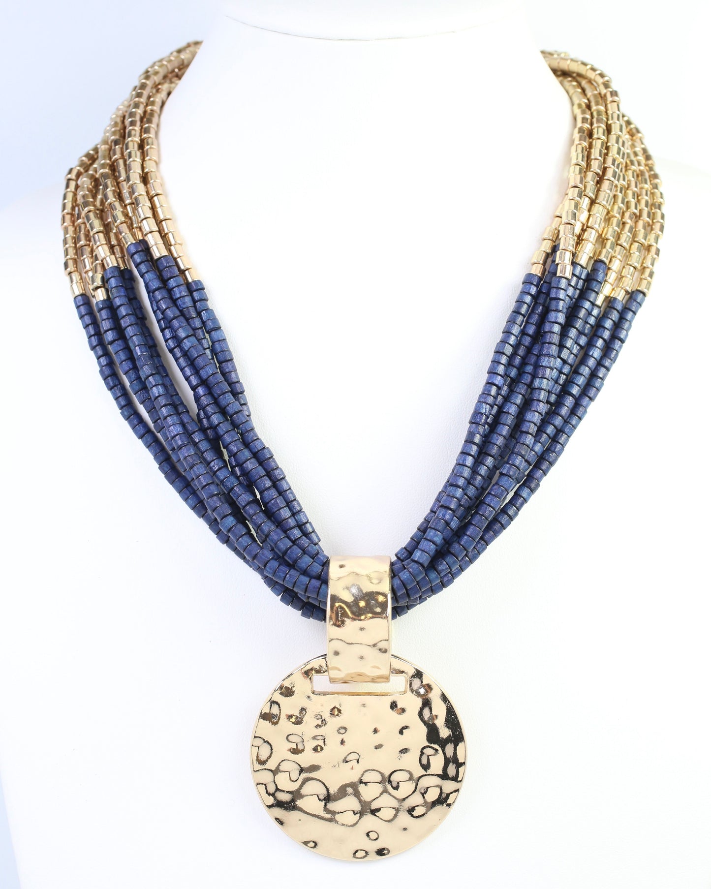Marbella Layered Wooden Bead Necklace with Pendant Navy