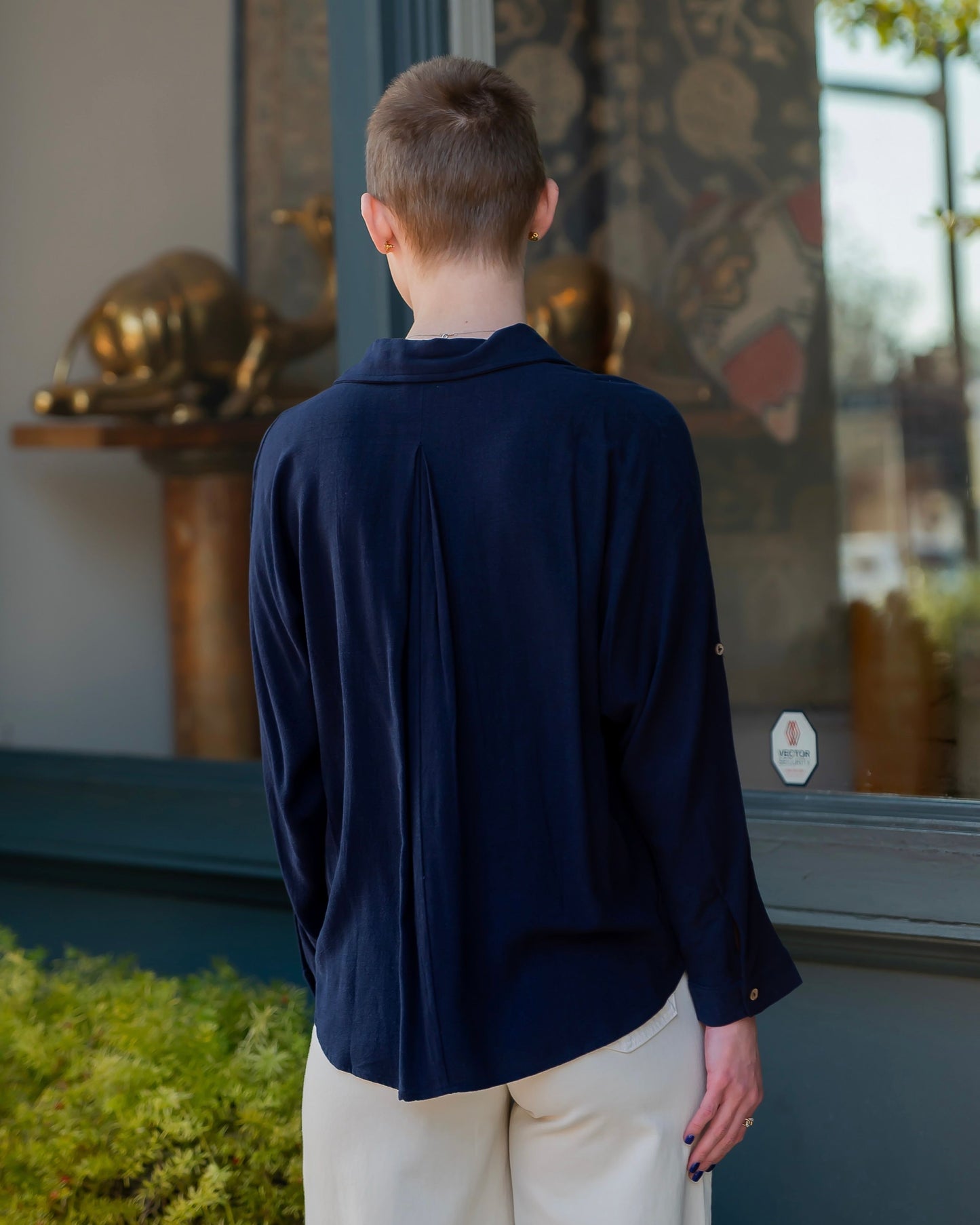 Lola Linen Long Sleeve Button Down Top-Navy